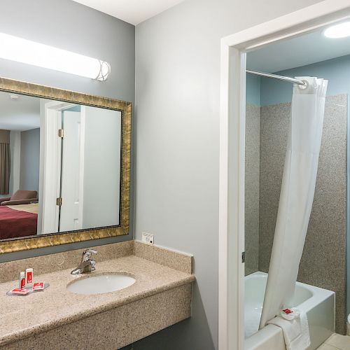 A hotel room's bathroom and vanity area, featuring a sink, large mirror, and a view of the room with a bed in the background.